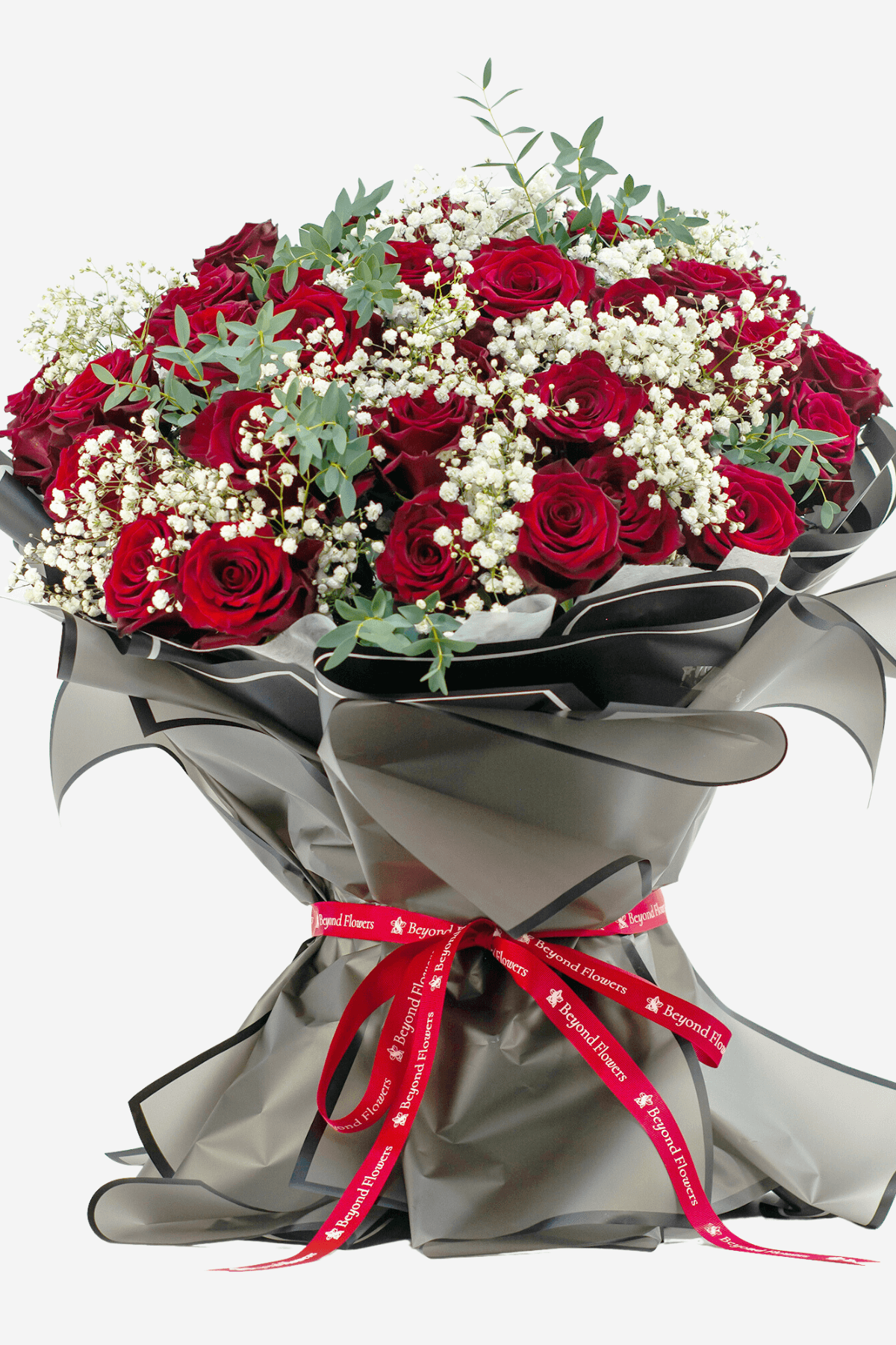 A huge bouquet of red Ecuadorian Roses with gypsophilia and parvifolia fillers in different kinds of black wrapper, tied with red ribbon